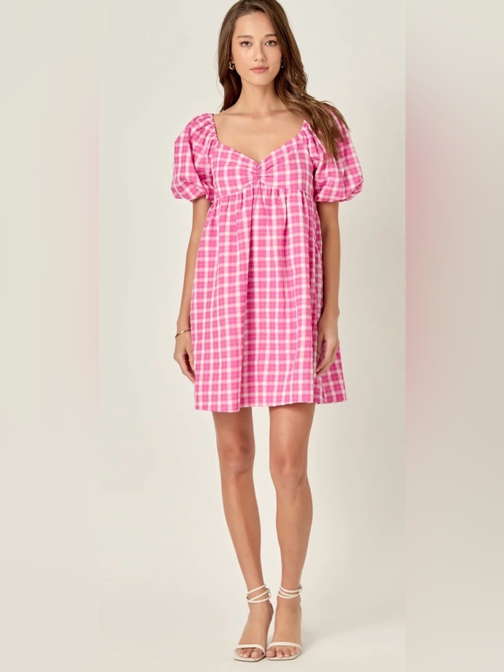 English Factory Pink Gingham Sweetheart Baby Doll Puff Sleeve Mini Dress